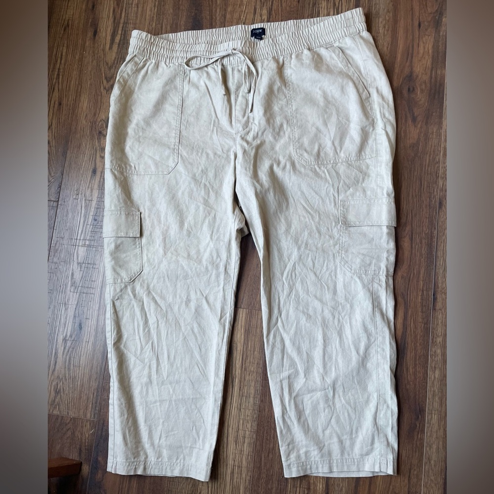 J. Crew Khaki Drawstring Cropped Cargo Pull-On Pants 55% Linen/45% Cotton